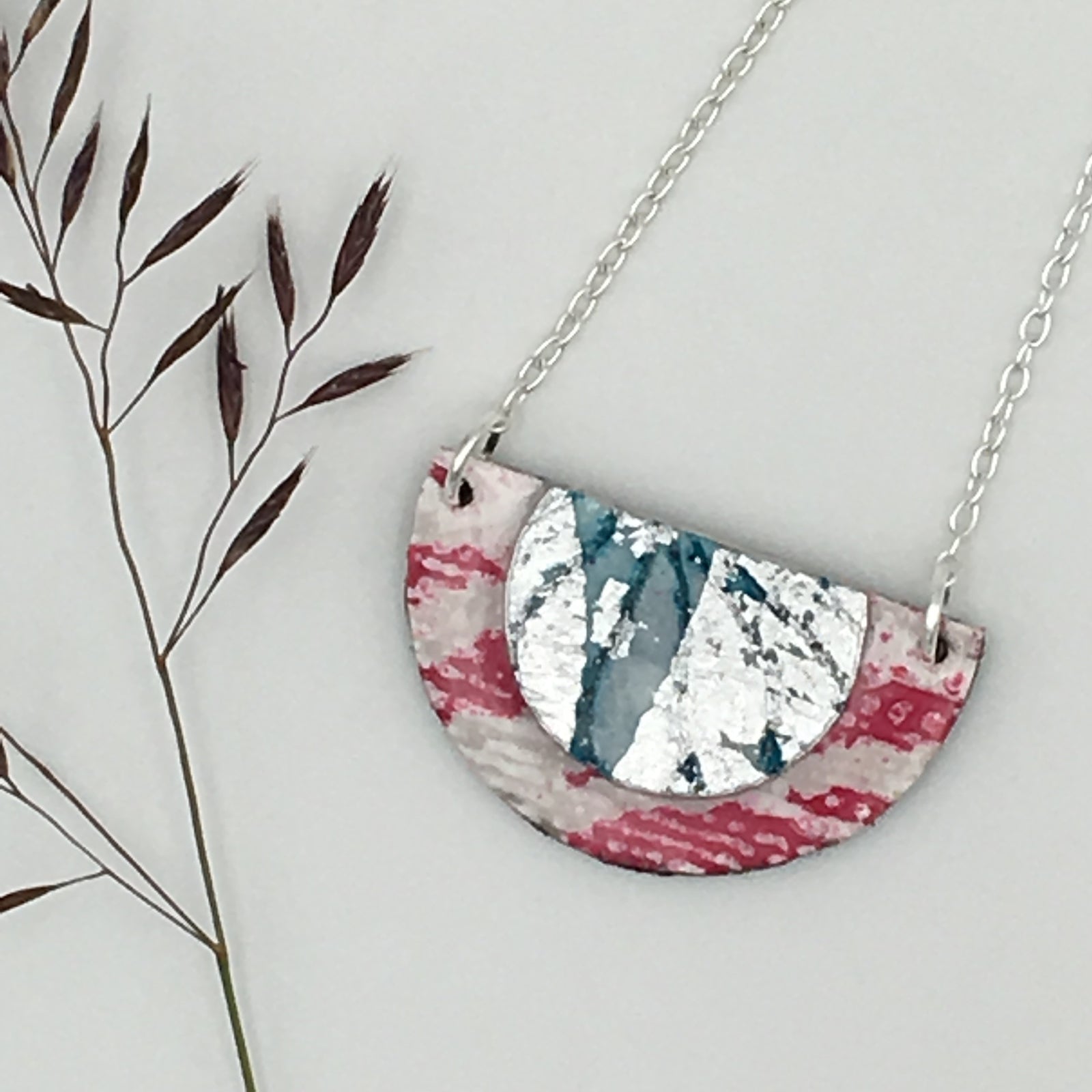 Wearable art pink and sea-blue necklace handmade and designed in Ireland 