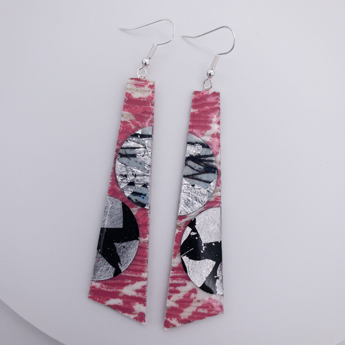 Hoop-La batik textile earrings in pink/grey/silver/black