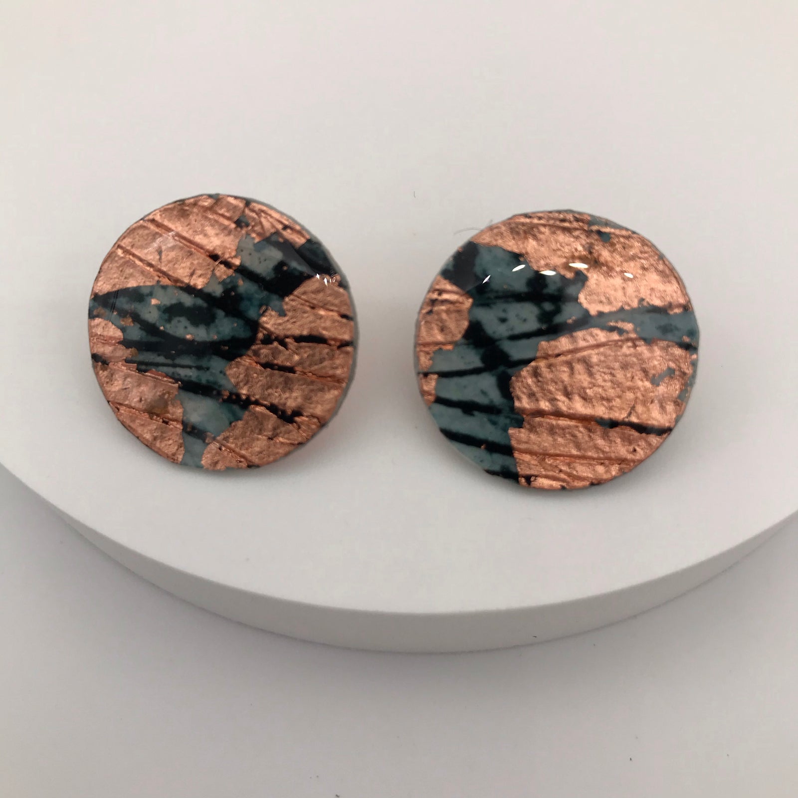 Indigo and rose-gold simple round stud earrings designed and handmade in Ireland 