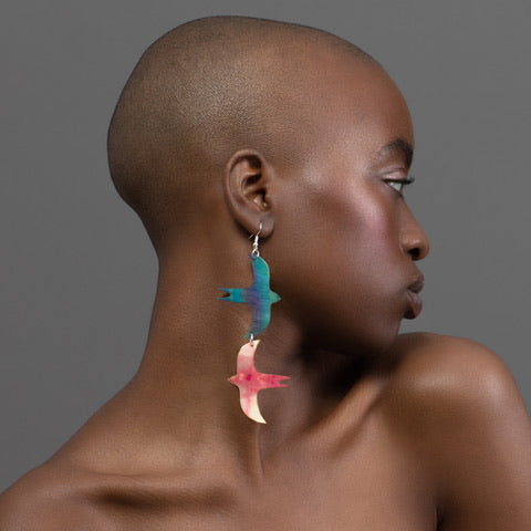 Statement silk bird earrings in blue and coral designed and handcrafted in Ireland