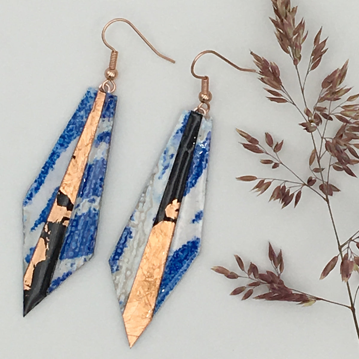 Beulah textile earrings in blue/rose-gold/black
