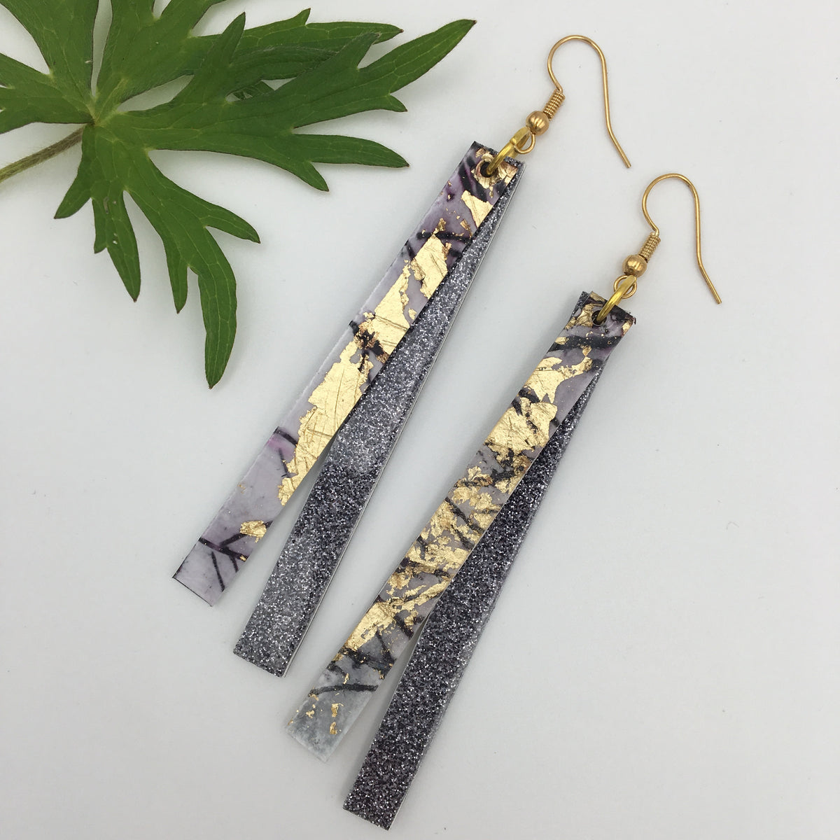 Dulra batik textile earrings in aubergine/gold/pewter