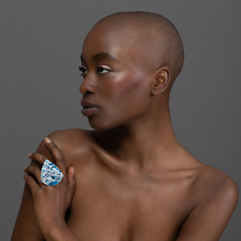 Contemporary Irish handcrafted and designed statement ring in cobalt and silver