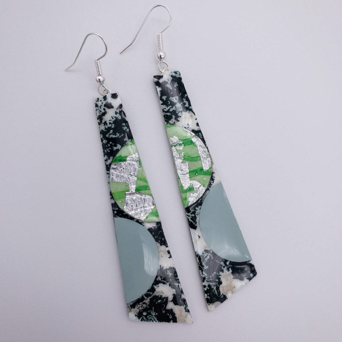 Hoop-La batik textile earrings in dark-green/apple/silver/sea foam