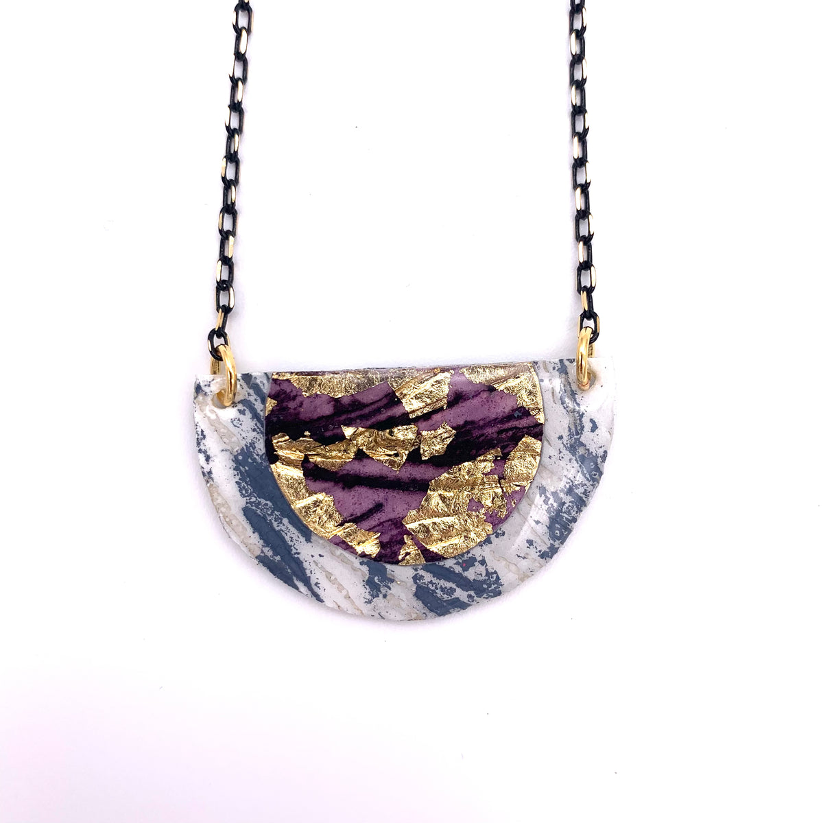Ovette batik textile necklace in dove/gold/aubergine
