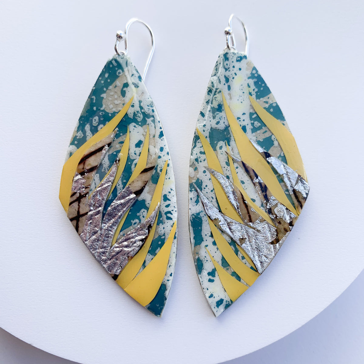 Peitil batik textile earrings in flint-blue/gorse/umber/silver