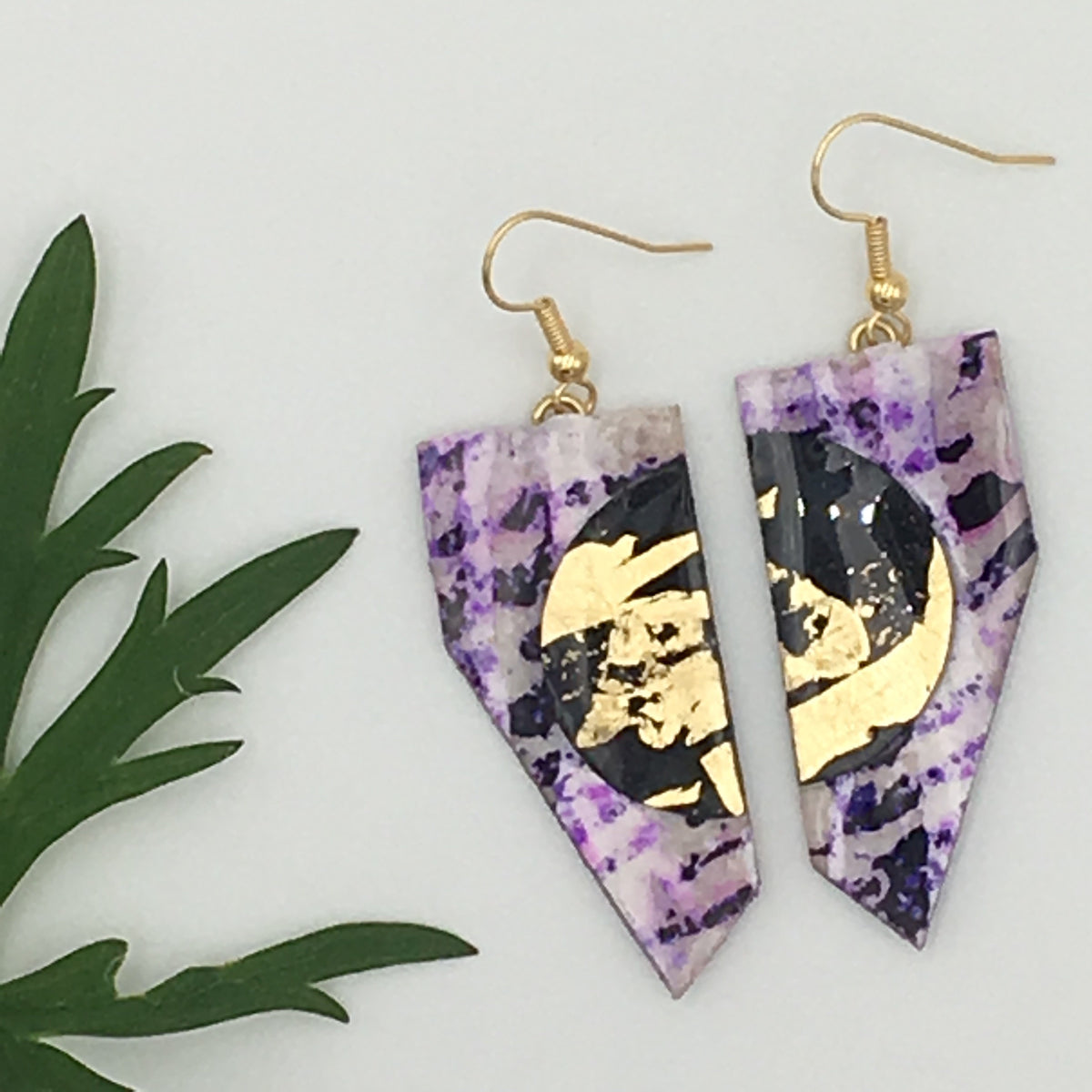 Coquette batik textile earrings in purple/gold/black