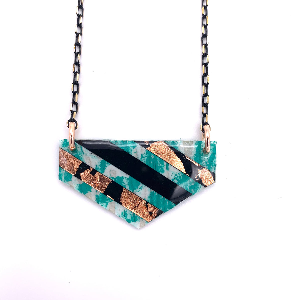 Ralston batik textile necklace in mint/rose-gold/black