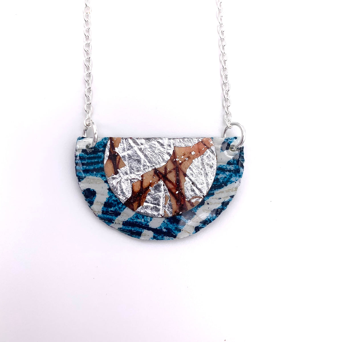 Ovette batik textile necklace in teal/silver/umber