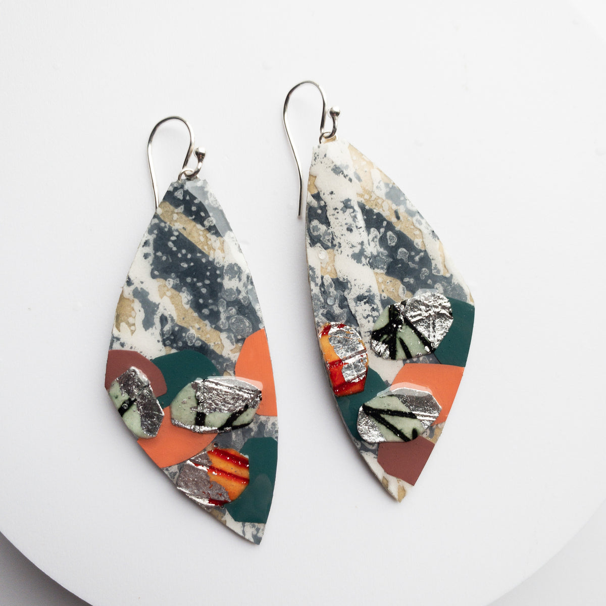 Méaróg batik textile earrings in dove/orange/silver/blue-green
