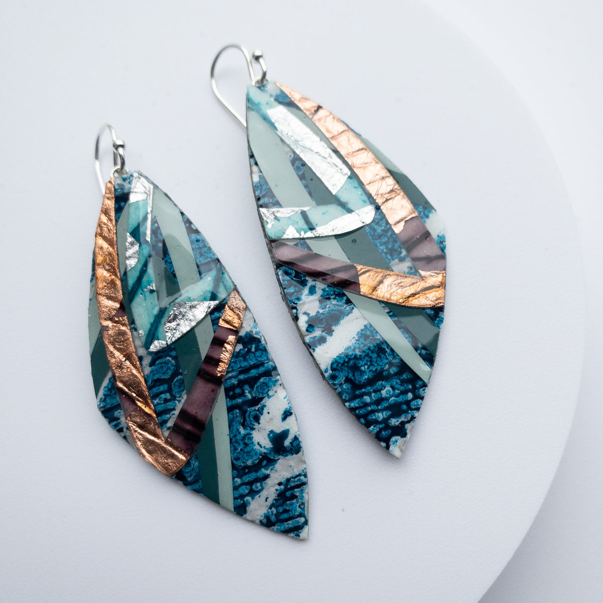 Leamhan batik textile earrings in teal/aqua/silver/rose-gold/aubergine
