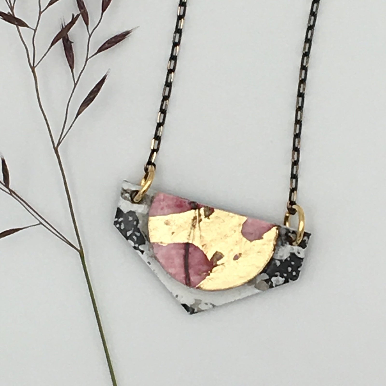 Lorette batik textile necklace in charcoal/gold/red - Rothlú