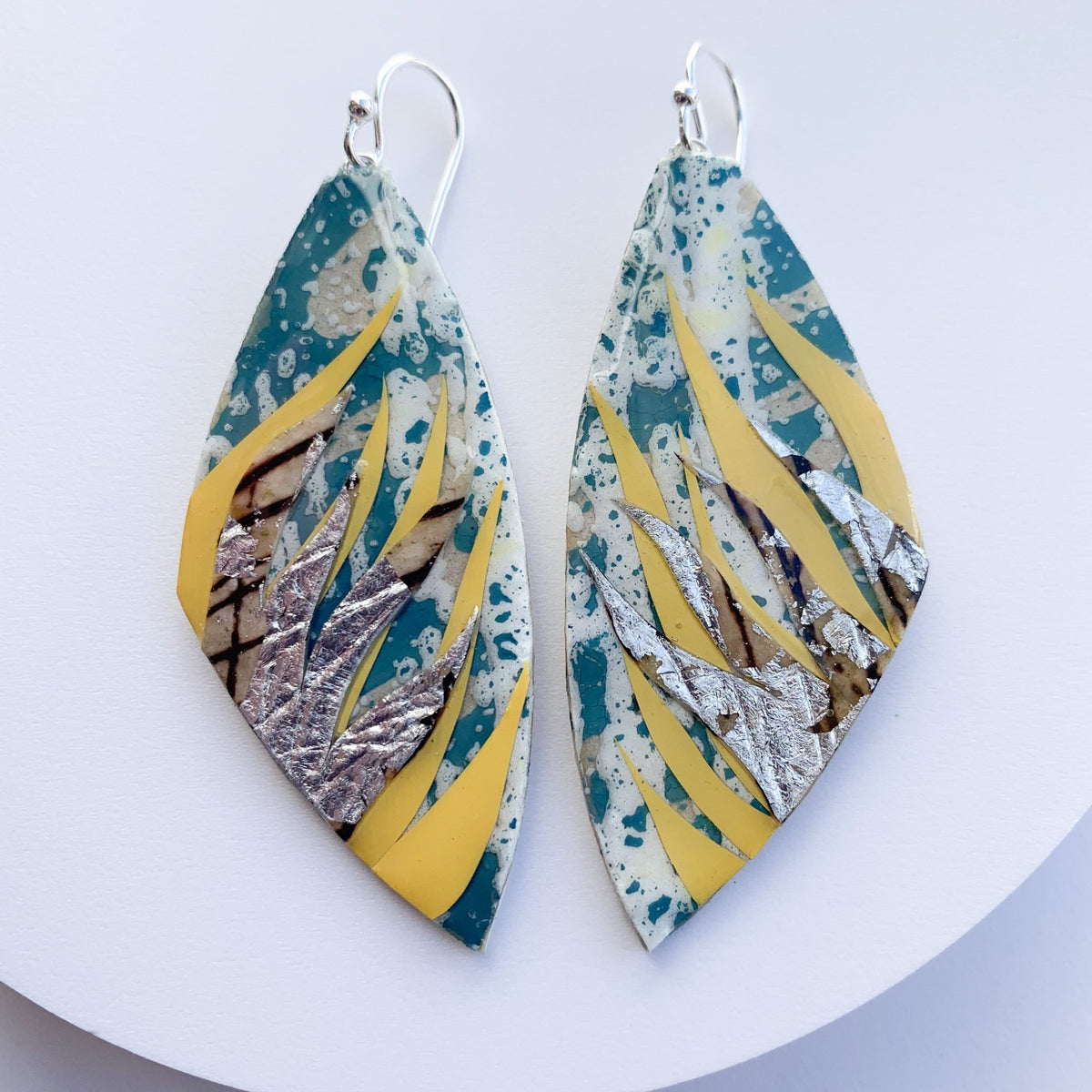 Peitil batik textile earrings in flint - blue/gorse/umber/silver - Rothlú