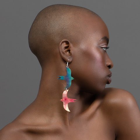 Two Birds shibori silk earrings in blue/coral - Rothlú