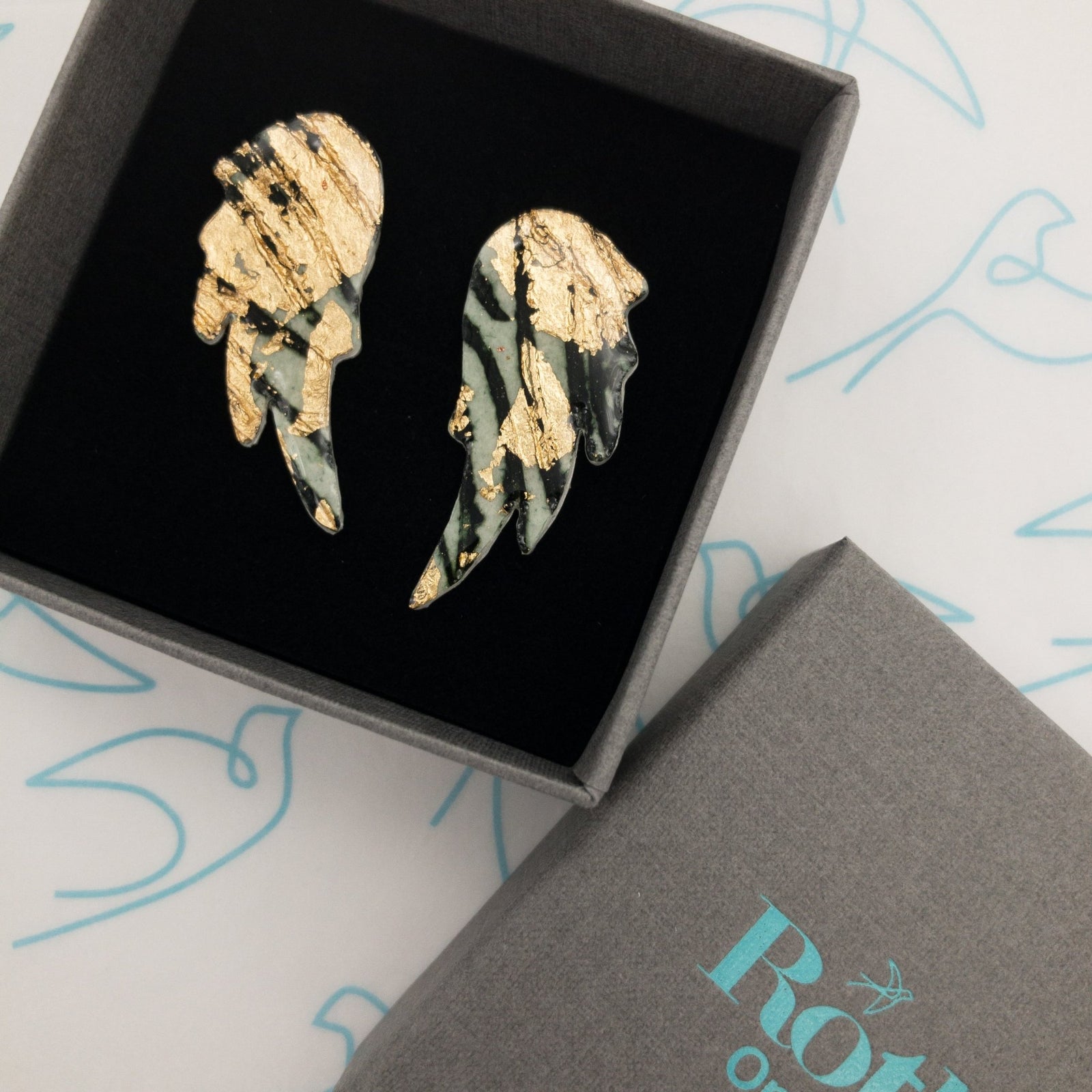 Wings of Desire sgraffito earrings in gold/forest green - Rothlú