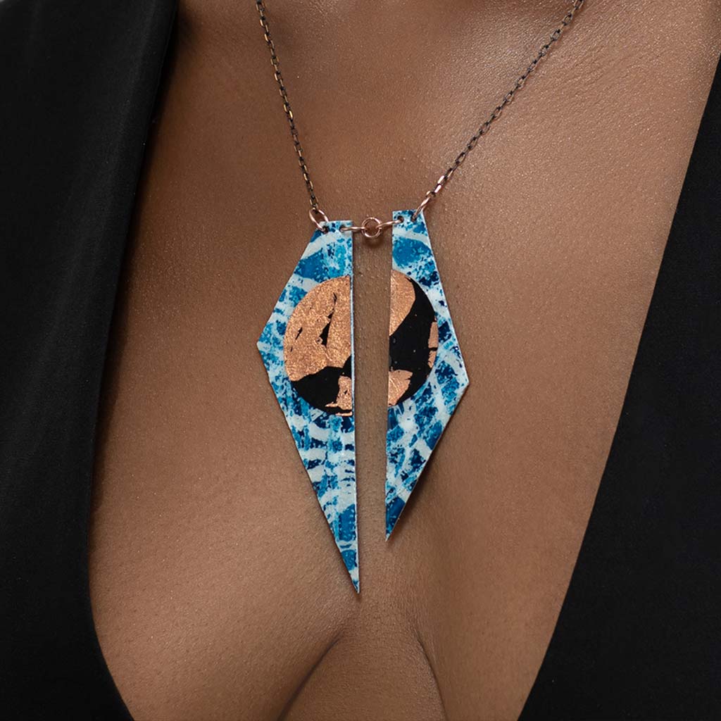 Zazu batik textile necklace in blue/copper/black - Rothlú